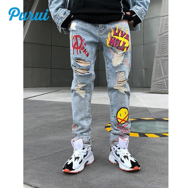 Urban Punk Men's Casual Distressed Jean Ripped Slim Fitted Graffiti Denim Pants Destroyed Fit Biker Stretch Men Jeans