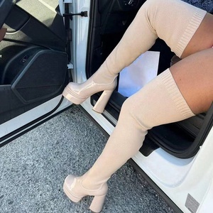 Botas Altas Ajustadas para Mujer, con Caña Tejida Elástica, Tacón Cuadrado y Plataforma, Botines Largos hasta el Muslo, Sexy - Product Image 3