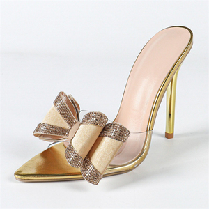 Brand New Summer Gold Bow Party High Heels Wedding <b>Shoes</b> with Square and Open Toe Design Sexy Pointed Toe Sandals - Product Image 3