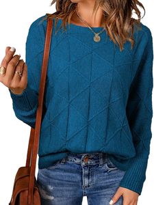 Pull en tricot géométrique bleu pour femme, col rond, manches longues, décontracté, pour l'automne, 100% acrylique, épaisseur standard - Product Image 1