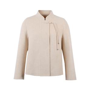 여성용 베이지 스탠드 칼라 울 혼방 재킷-10% 실크, 10% 카멜 헤어, 80% 울, 중국식 토글 클로저 - Product Image 1