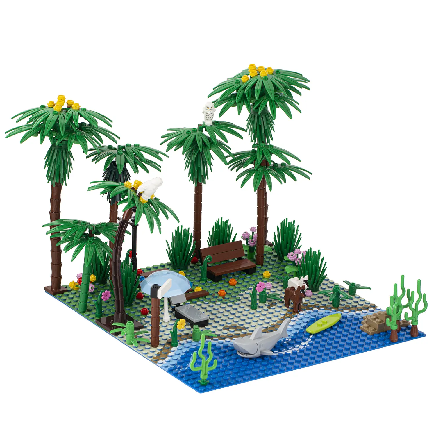 MOC3008 City Vacation Seaside Beach Street View Kokosnuss bäume Lounge Stühle Surf schirme Hai Bausteine Puzzle Spielzeug