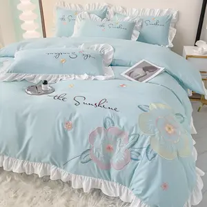 Set seprai tempat tidur kustom kualitas tinggi sprei datar bordir bunga 6 warna set tempat tidur