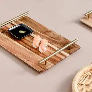 Креативная прямоугольная обеденная тарелка из дерева акации, фруктовый десерт, деревянный сервировочный поднос с ручкой из нержавеющей стали