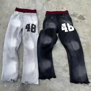 Custom Sweat Pants Distressed Acid Wash Printing Flared Double Waist Grey Sweatpants Sun Faded Wide Leg Baggy Pant For Men