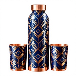 Juego de Botellas de Agua de Cobre Modernas y Lujosas con 2 Tazas, Diseño Geométrico Azul y Dorado, Termo Metálico para Viaje - Product Image 1