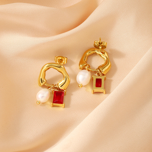 2025ต่างหูห้อยเซอร์โคเนียทรงลูกบาศก์ชุบทอง18K ทำจากสเตนเลสต่างหูจี้ไข่มุกน้ำจืด - Product Image 5