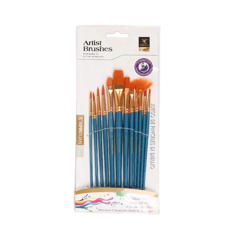 Jaune En Nylon Cheveux Or Virole Métallique Bleu Blanc et Rouge Manche En Bois Couleurs Avec 12 pièces multifonctionnel Formes Pour Artiste