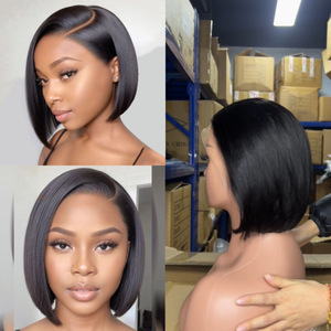 Parrucca da <span class=keywords><strong>donna</strong></span> corta a <span class=keywords><strong>bob</strong></span> con pizzo trasparente, 100% capelli umani vergini, nero naturale, tessuta a mano, per testa intera - Product Image 4