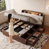 Lit double moderne en pin avec revêtement en cuir PU, fonction de rangement, inclinable et réglable, taille Queen pour la chambre à coucher