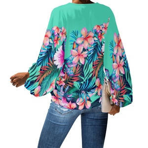 Vert Floral Femmes <span class=keywords><strong>Tunique</strong></span> Tops Casual Manches Longues Plage Blouse Loose Fit Hawaiian Blouses et Chemises pour Femmes Impression Personnalisée - Product Image 2
