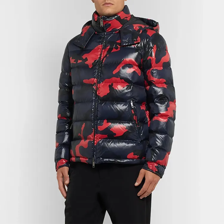clothing factory custom loose fit allover camo printed mens puffer bubble jacket men's winter warm hoodie down jacket