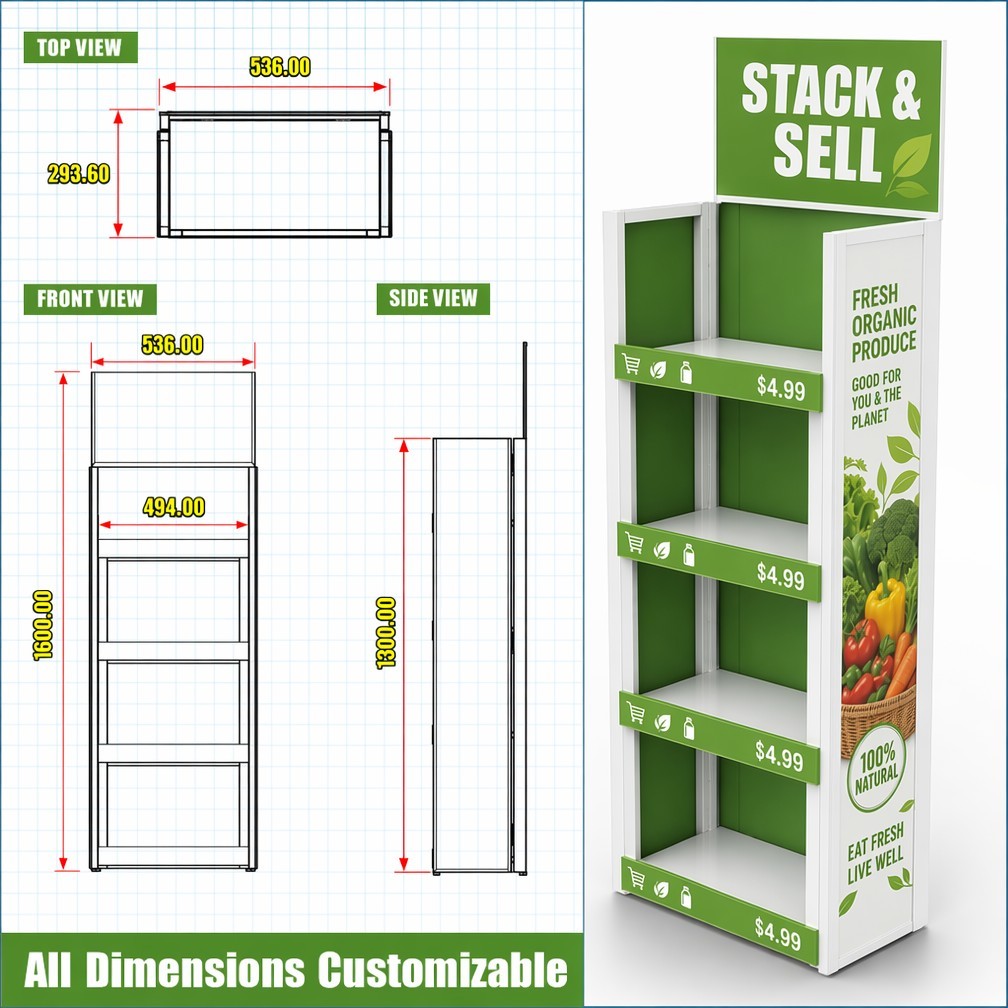 Apache Custom Grocery Display Rack 4-Way 4-Tier Metal Food Merchandiser Knock Down Stackable Stand for Supermarket ODM OEM — view 4