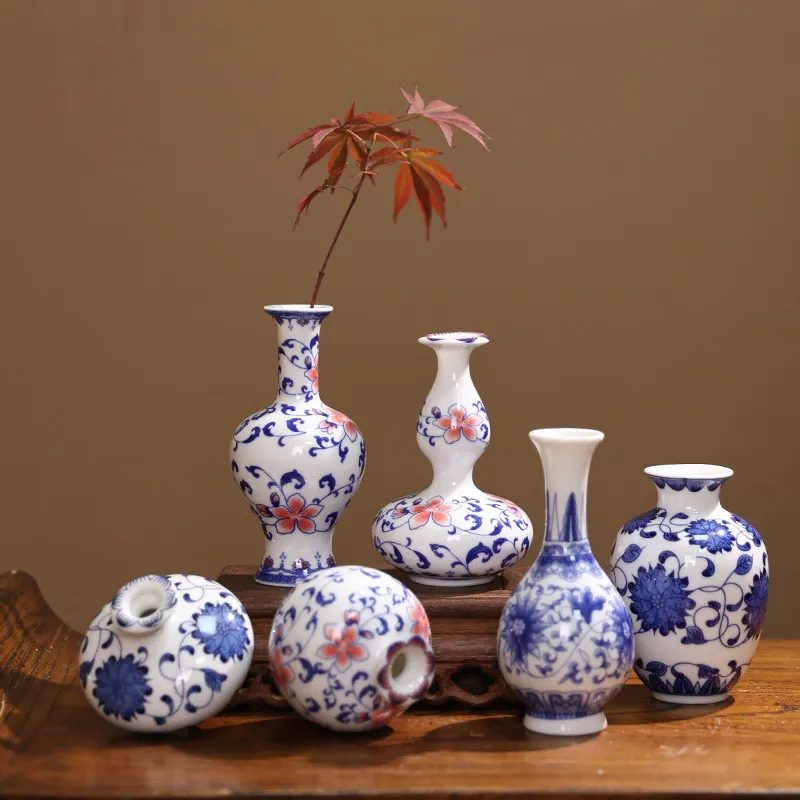 Pequeños jarrones de cerámica mini arreglos florales sala de estar Mesa pequeñas botellas de porcelana azul y blanca china