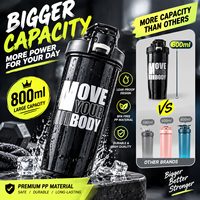 Bouteille d'eau de sport grande capacité 800 ml avec shaker, sans BPA, bec en silicone, poignée dissimulée, marques graduées, logo personnalisé, vente en gros OEM