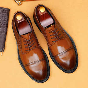 Chaussures habillées brillantes en cuir véritable pour hommes, bout rond, à lacets, semelle extérieure en caoutchouc antidérapante, toutes saisons, couleur unie, chaussures de mariage - Product Image 2
