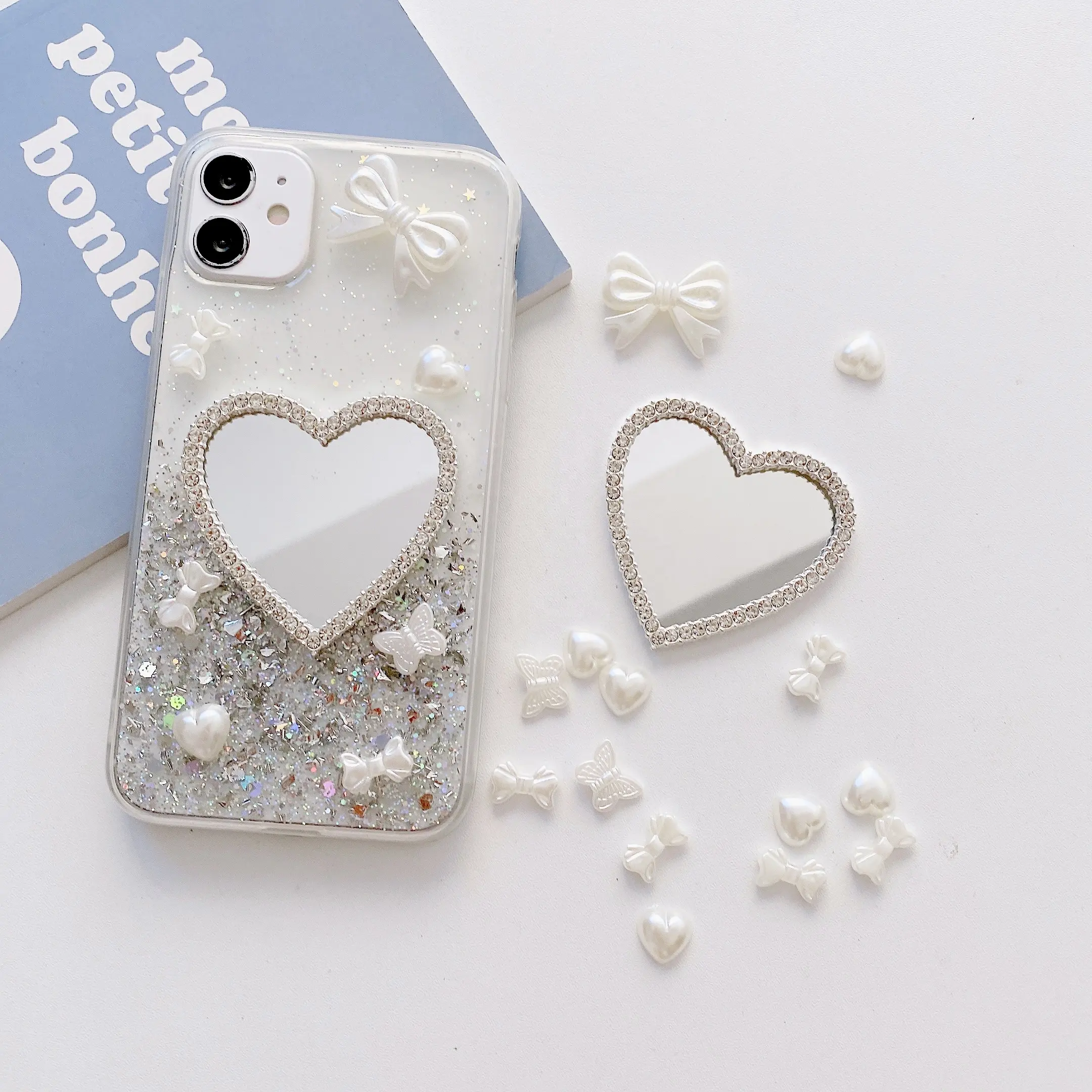 Hermosa decoración en forma de corazón espejo funda para teléfono móvil diamante moda accesorio para teléfono móvil