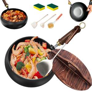 Wok en fer antiadhésif Yongkang avec couvercle, poêle ronde pour ustensiles de cuisine portables inclus, lavage à la main uniquement - Product Image 1