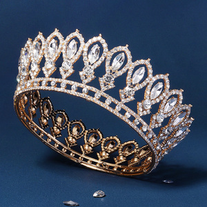 Diademas barrocas redondas de oro para desfile, tiara de cristal con diamantes de imitación, moldura de corona para rey Queens y novia - Product Image 2