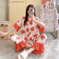 Nouvelle collection été-automne : Ensemble de pyjama pour femme en coton mousse, avec cardigan à manches courtes, imprimé dessin animé, manches à volants et taille élastique.