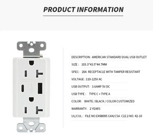 米国規格 15A/20A 115V 125V デュアルUSBコンセント タイプA + タイプC 5V 3.6A USBプラグ デュプレックスコンセント TR付き - Product Image 2