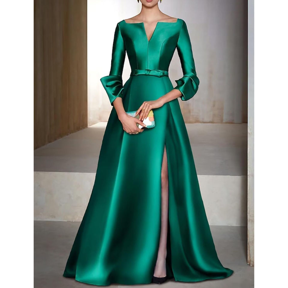 Women's Stylish And Elegant V-neck Satin Long-sleeve Dress With A Tie Waist
