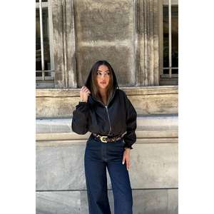 Chaqueta Bomber Negra Corta con Cierre para Mujer, Cortavientos, Manga Larga, Tejido de Tela, Abrigo, Ropa Exterior - Product Image 3