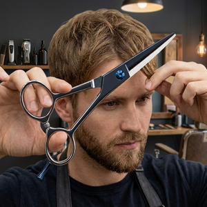 Ciseaux de coiffure professionnels ASAP à lame en acier inoxydable noir mat thermolaqué, manche long, pour droitiers, avec fonction de coupe - Product Image 6