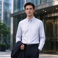Kemeja Kasual Pria 80-an CVC Twill, Kemeja Bisnis Lengan Panjang Anti Kusut, Kemeja Bergaris Lembut dan Bernapas Slim Fit
