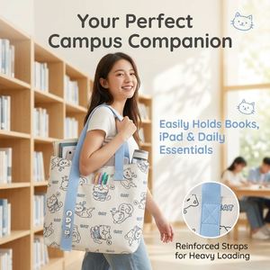 Bolsa de Mano de Lona con Estampado de Gato, Tamaño Mediano, Asa Larga, Diseño de Gatito de Dibujos Animados, Ecológica, Gran Capacidad, Reutilizable - Product Image 2