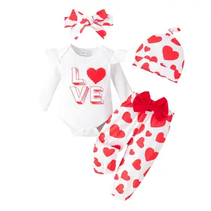 女婴爱心套装情人节婴儿连体衣新品情人节婴儿服装2pcs婴儿蝴蝶结头带