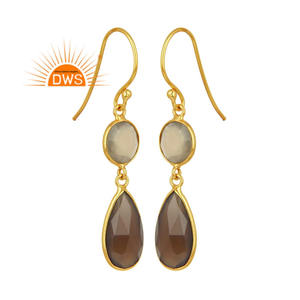 Pendientes de Calcedonia Gris Natural, Diseño de Gota, Chapados en Oro sobre Plata, Joyería de Piedras Preciosas al por Mayor para Mujer, Colección Vintage - Product Image 1