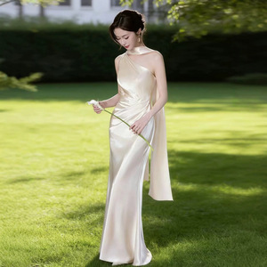 Champagne Satin One-Shoulder Fishtail Gown Asymmetric Design Coming-Of-Age Ceremony Dress Natural Waistline - Product Image 1