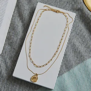 Retro Irregular Metal Lava Concave Necklace Simple Double Layer Layered Collar Chain Stainless Steel Plated 18K Gold Pendant Set