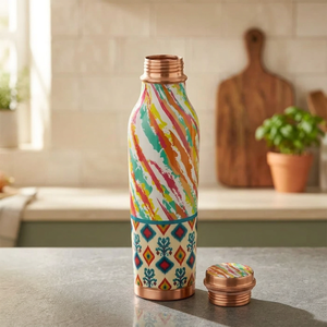 Premium Contoured Enamel Printed Pure Copper Water <b>Bottle</b> Vibrant Abstract Ikat Pattern Leak-Proof Ayurvedic Health Sports <b>Flask</b> - Product Image 2