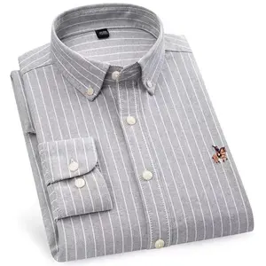 Camisa informal Oxford de algodón a rayas con cuello abotonado, camisa de vestir Formal de manga larga con bordado personalizado para hombre