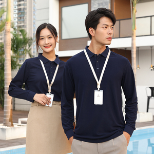 Navy Long Sleeve <b>Polo</b> Shirt Solid Color Breathable Knitted Men's Business Services Wear - Product Image 1