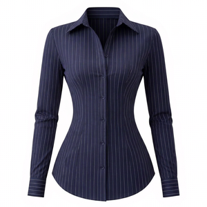Camisa de Mujer con Botones y Rayas Finas Azul Marino, Manga Larga, Corte Clásico, para Oficina, Cuello Camisero, Largo Regular, Blusa de Popelina - Product Image 1