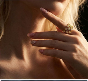 Luxury Yellow <b>Gold</b> <b>Cocktail</b> <b>Ring</b> With Round Moissanite Pave Setting Geometric Hollow Design For Women Party Jewelry - Product Image 6