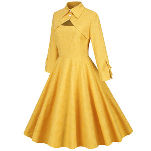 Vestido Retro <span class=keywords><strong>Rockabilly</strong></span> de algodón de manga larga para <span class=keywords><strong>mujer</strong></span>, vestidos de Swing, jacquard, color sólido, 1950s, 60s - Product Image 2
