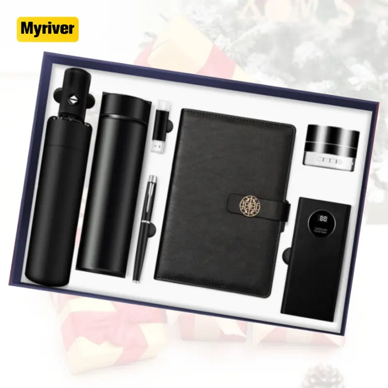 Myriver Custom Advertising Werbe schirm Vakuum flasche USB-Flash-Laufwerk Stift Lautsprecher A6 Notebook Power Bank 7 In 1 Geschenkset