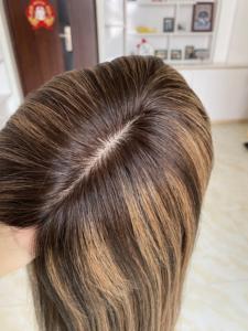 Wholesale Full Hand <b>Tied</b> 5x6.5 Silk Base Hair Topper European Virgin Human Hair Topper with Silicone for Women Hair Loss - Product Image 6