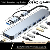 Hub USB-C 7-en-1 en gros, adaptateur USB-A en aluminium, station d'accueil multiport USB 3.0 2.0 avec double connecteur pour ordinateur portable et PC