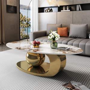 <span class=keywords><strong>Table</strong></span> <span class=keywords><strong>Basse</strong></span> Ovale de Luxe en Marbre Doré, Design Moderne, pour Salon, Grande <span class=keywords><strong>Table</strong></span> Centrale en Pierre et Acier Inoxydable - Product Image 1
