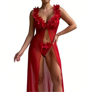 Ensemble de lingerie féminine sexy et douce, comprenant nuisette, robe de chambre, robe à bretelles, string dos nu, en dentelle à col en V, couleur unie - Product Image 5
