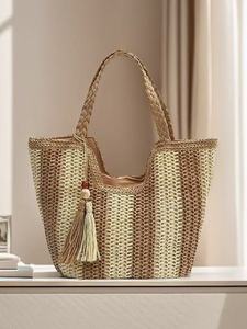 Sac fourre-tout tissé deux tons fait à la main avec poignée supérieure grande capacité de glands - Product Image 4