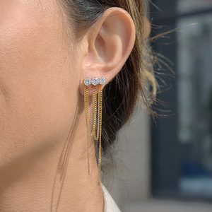 Drop <b>Earrings</b> With White Round Zircon And Chain <b>Tassel</b> For Party Women Stainless Steel Prong Setting Jewelry - Product Image 3