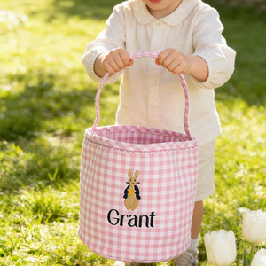 Cestas de <span class=keywords><strong>Huevos</strong></span> de Pascua Coloridas Personalizadas con Nombre de Conejito y Diseño de Cuadros Vichy para Regalos Infantiles - Product Image 2