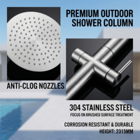 Colonne de douche extérieure autoportante en acier inoxydable SUS304 avec pommeau de pluie en céramique et douchette à main, design moderne pour hôtels et complexes hôteliers