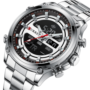 Montre pour homme Curren 8404, acier inoxydable, double mouvement, double fuseau horaire, montre-bracelet numérique lumineuse - Product Image 1